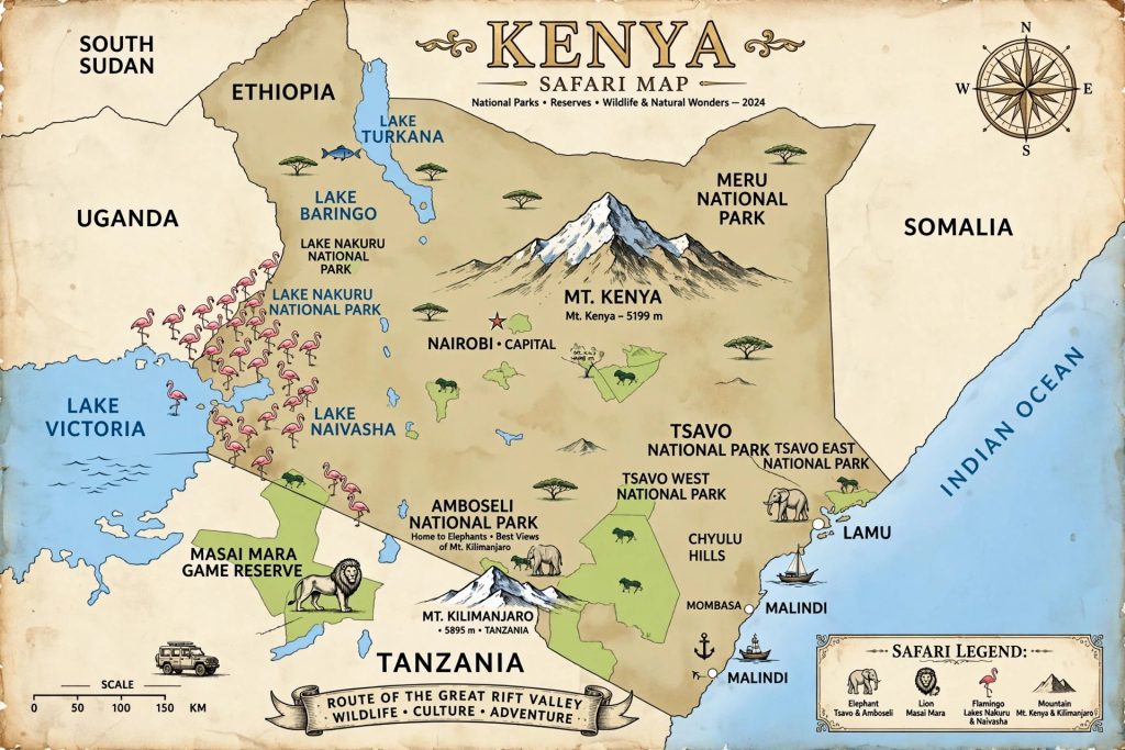 Kenya National Parks Map - Amboseli, Masai Mara, Lake Nakuru, Lake Naivasha